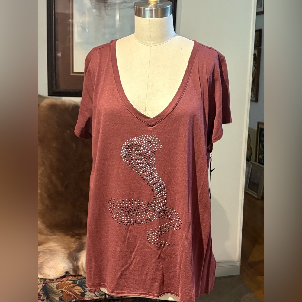 Rock & Republic Crystal Studded Tee with Cutout Back - Burgundy Rust Red NWT 1X